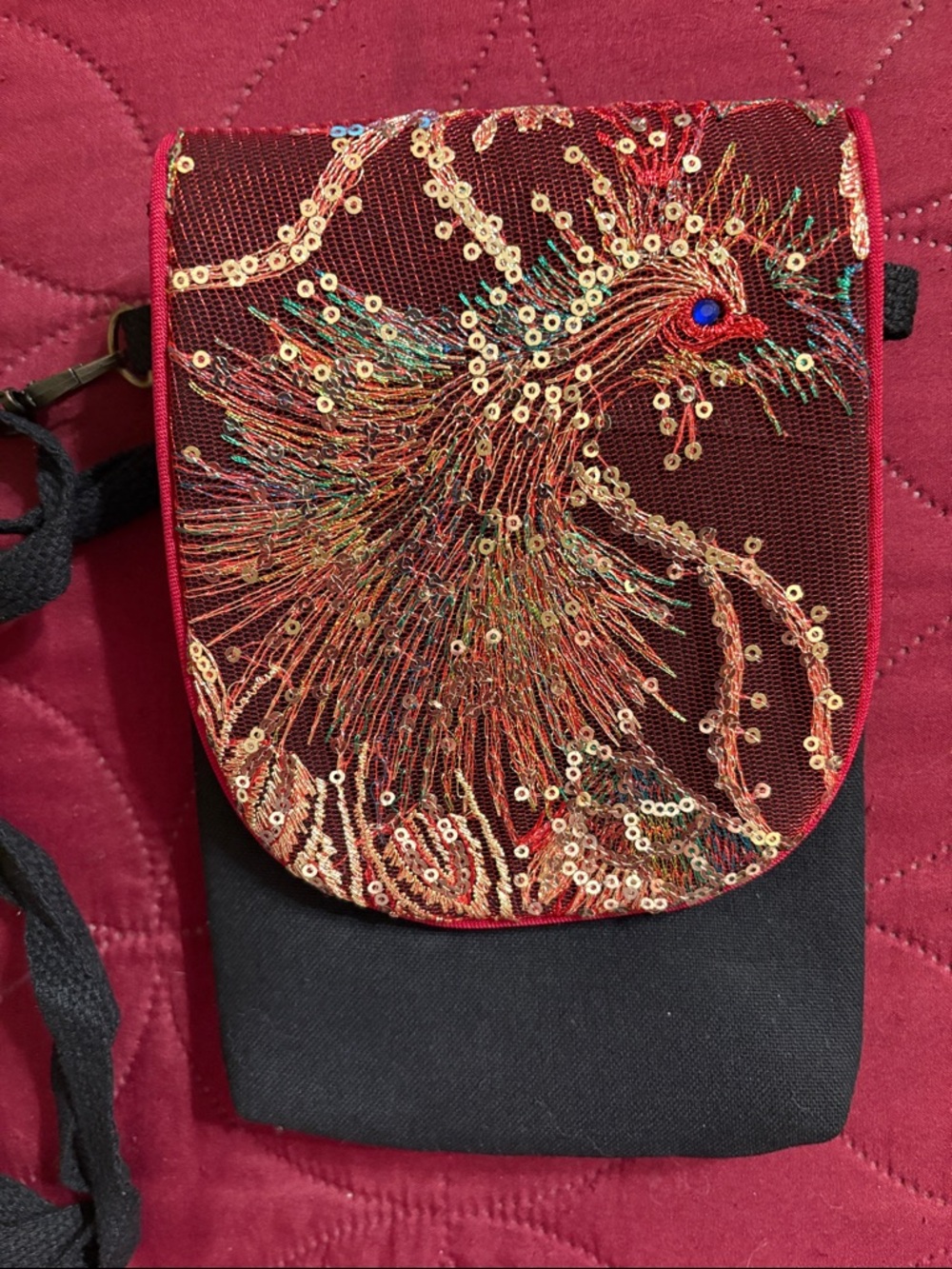 Embroidered Sequin Phoenix Crossbody Bag - Red With Gold Sequins